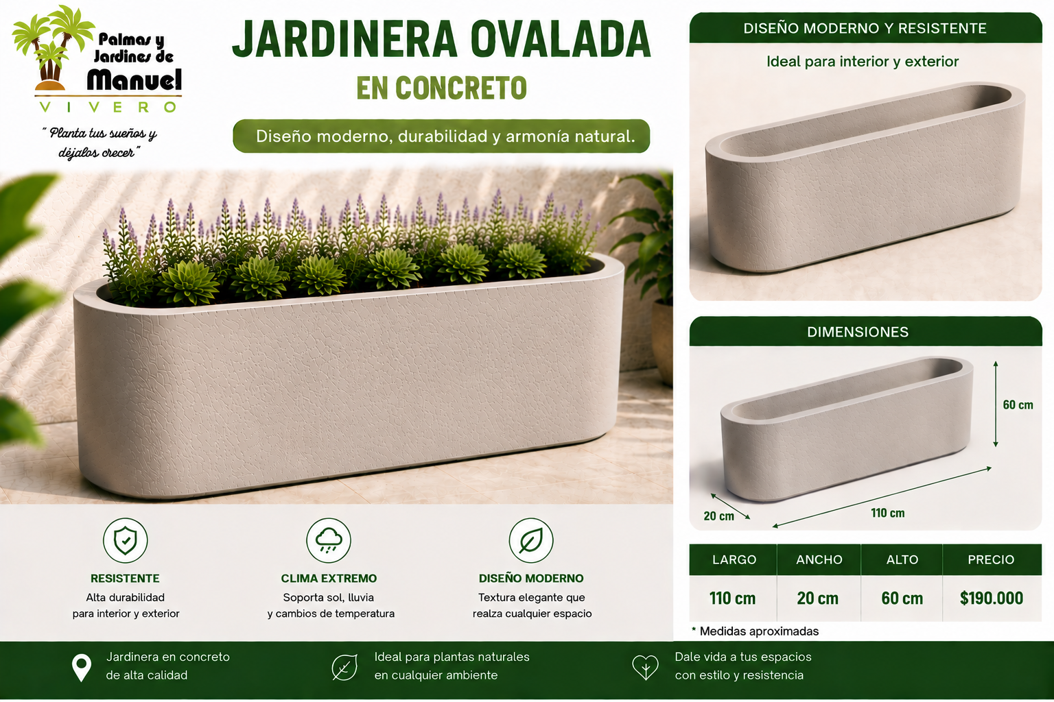 Jardinera Ovalada en Concreto 110x20x60 cm