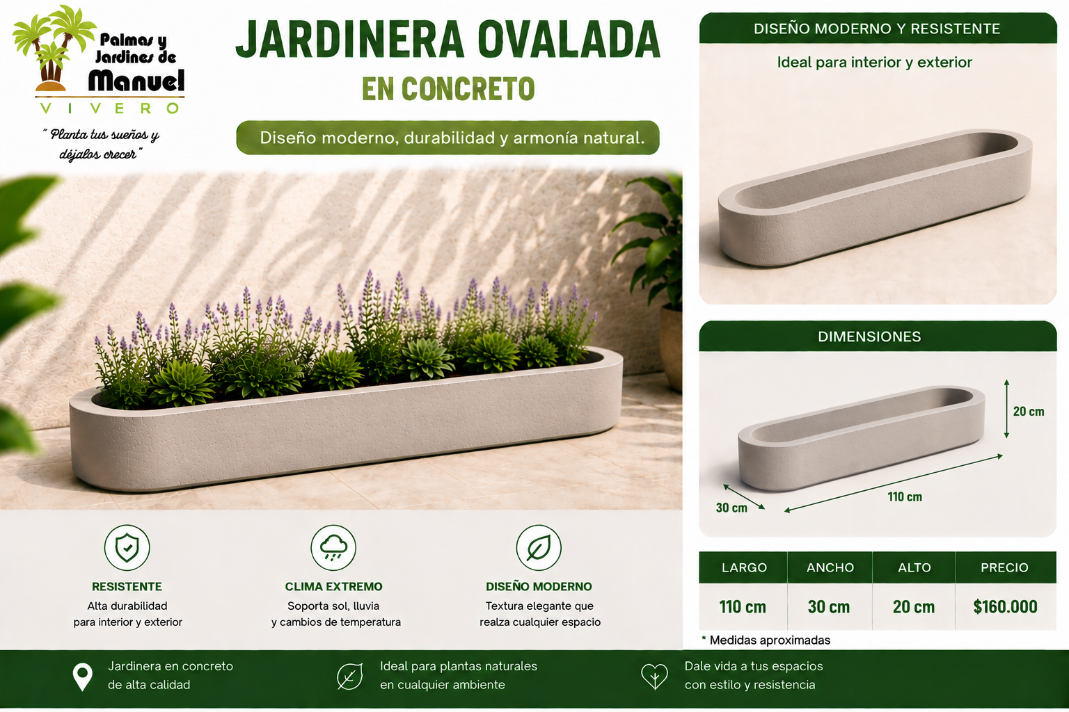 Jardinera Ovalada en Concreto 110x30x20 cm