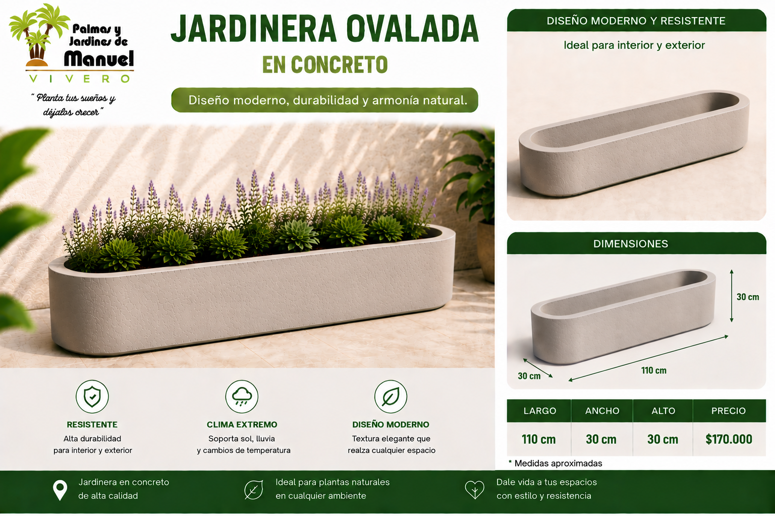 Jardinera Ovalada en Concreto 110x30x30 cm