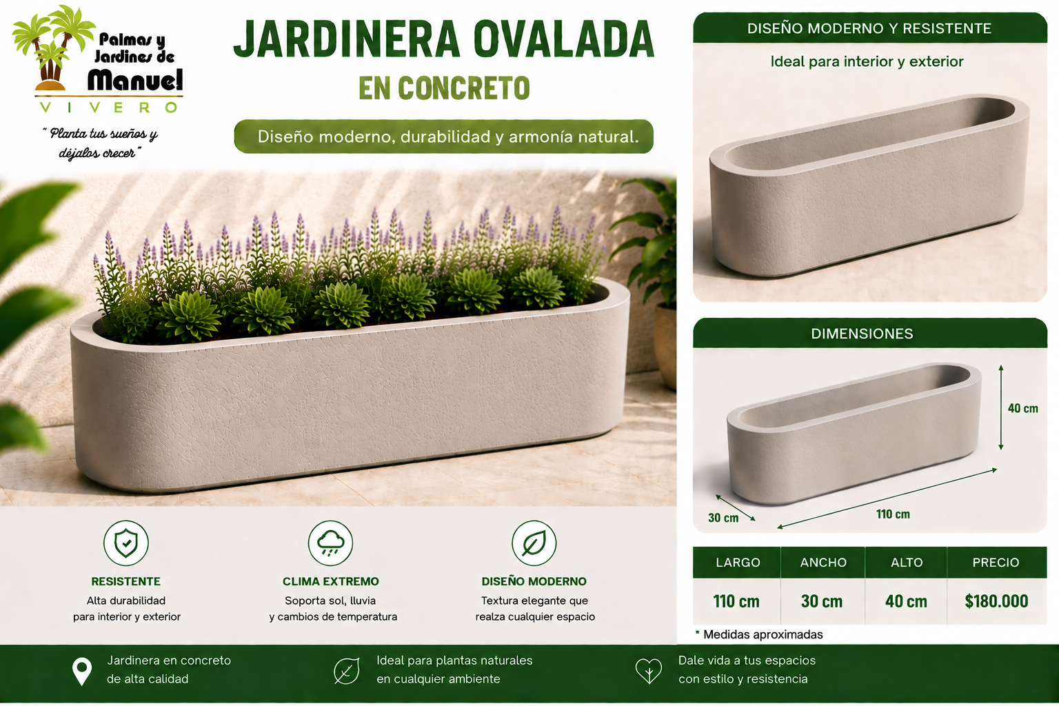 Jardinera Ovalada en Concreto 110x30x40 cm
