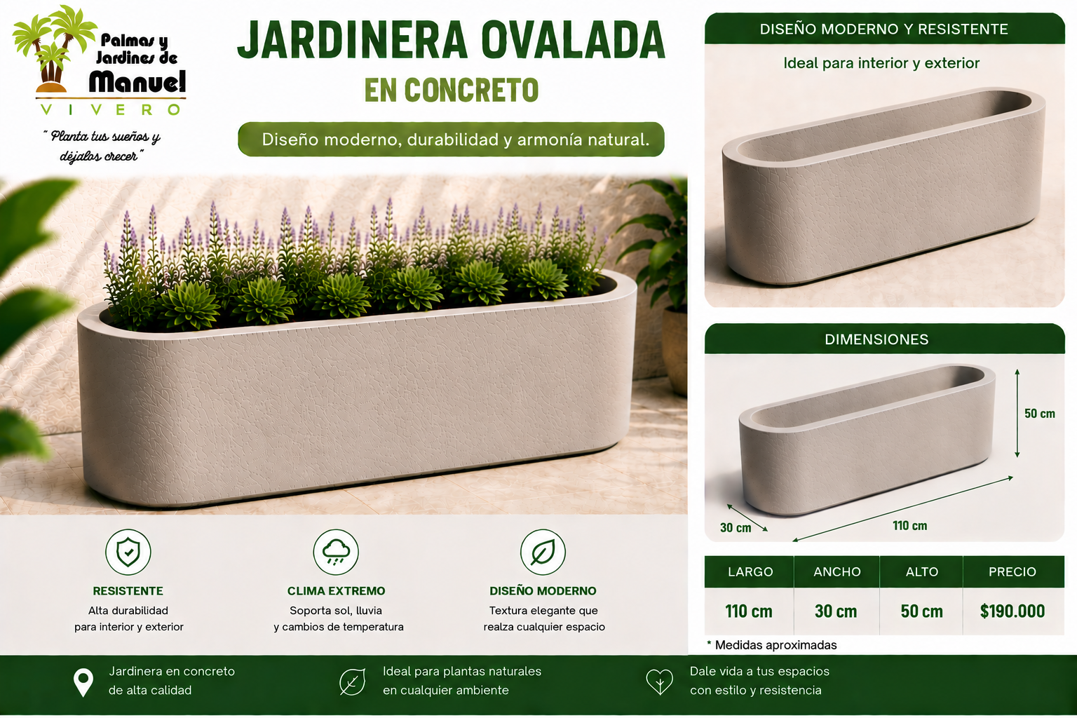 Jardinera Ovalada en Concreto 110x30x50 cm