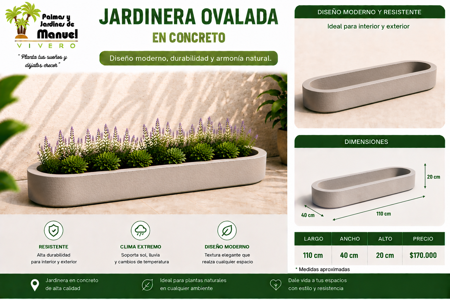 Jardinera Ovalada en Concreto 110x40x20 cm