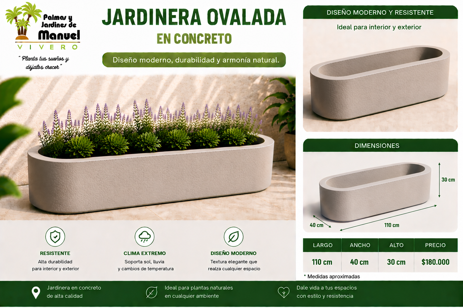 Jardinera Ovalada en Concreto 110x40x30 cm