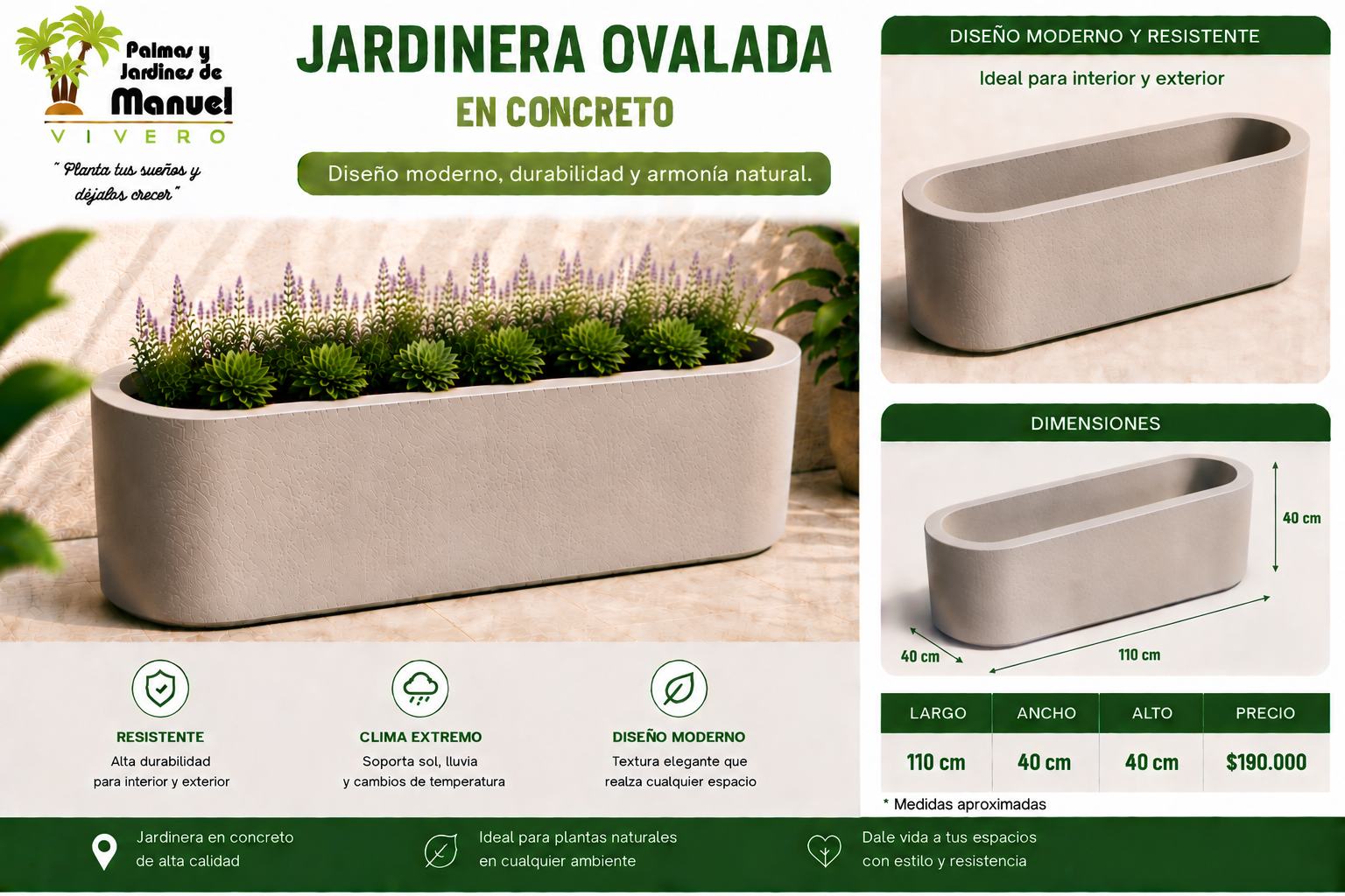 Jardinera Ovalada en Concreto 110x40x40 cm