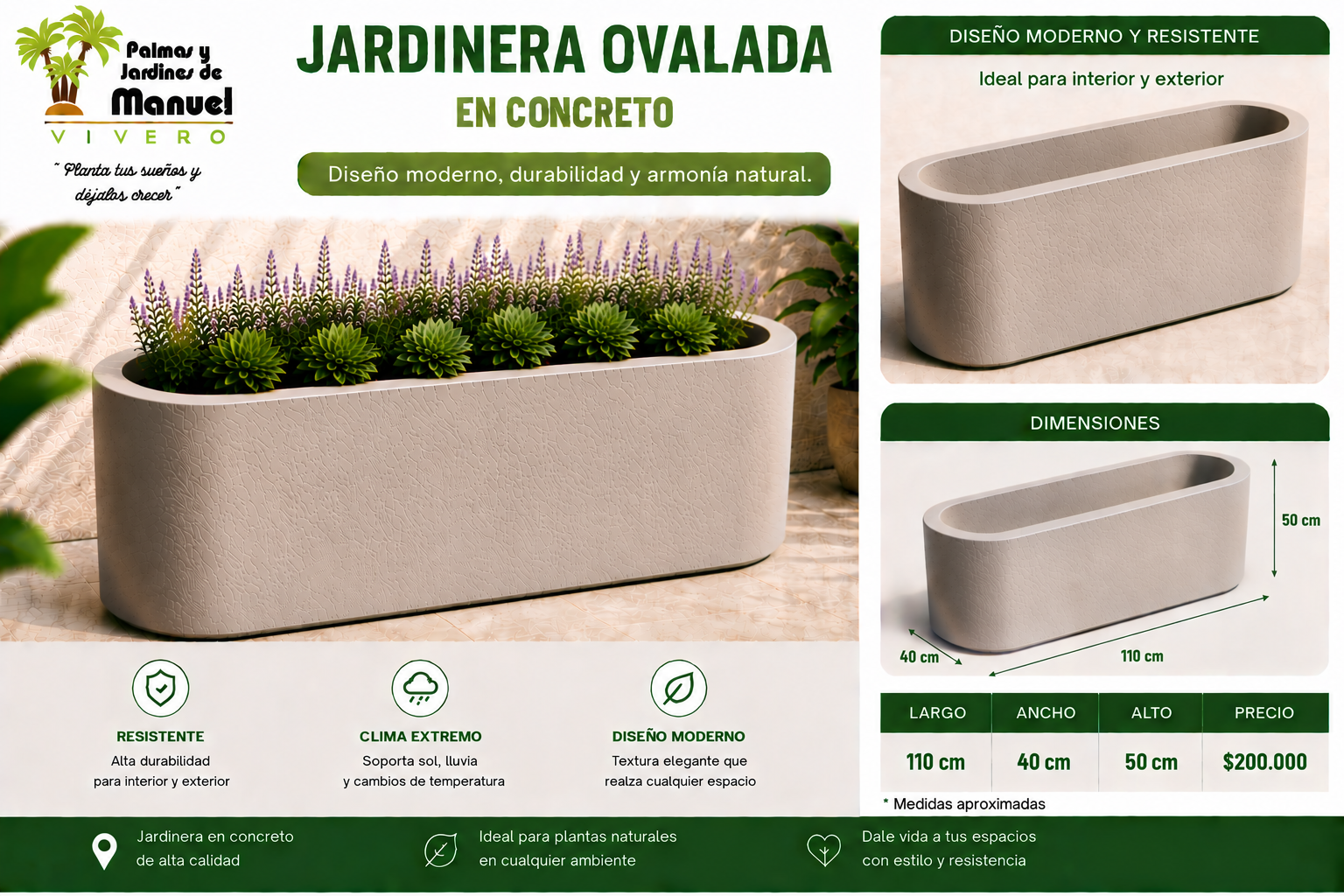 Jardinera Ovalada en Concreto 110x40x50 cm