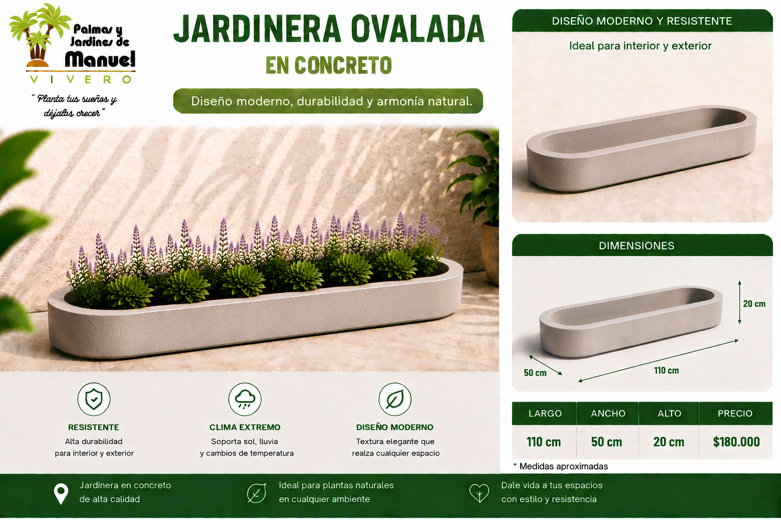 Jardinera Ovalada en Concreto 110x50x20 cm