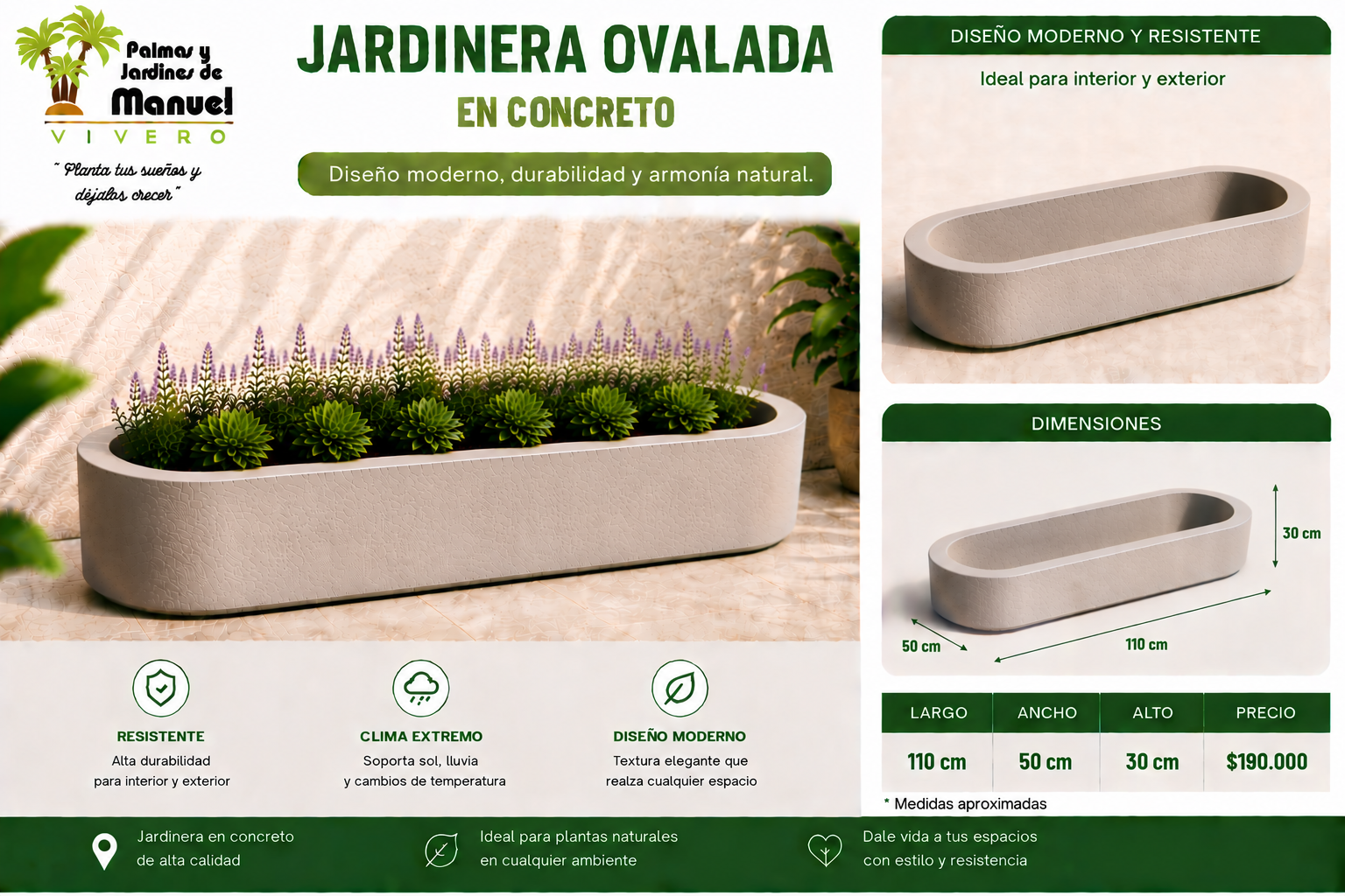 Jardinera Ovalada en Concreto 110x50x30 cm