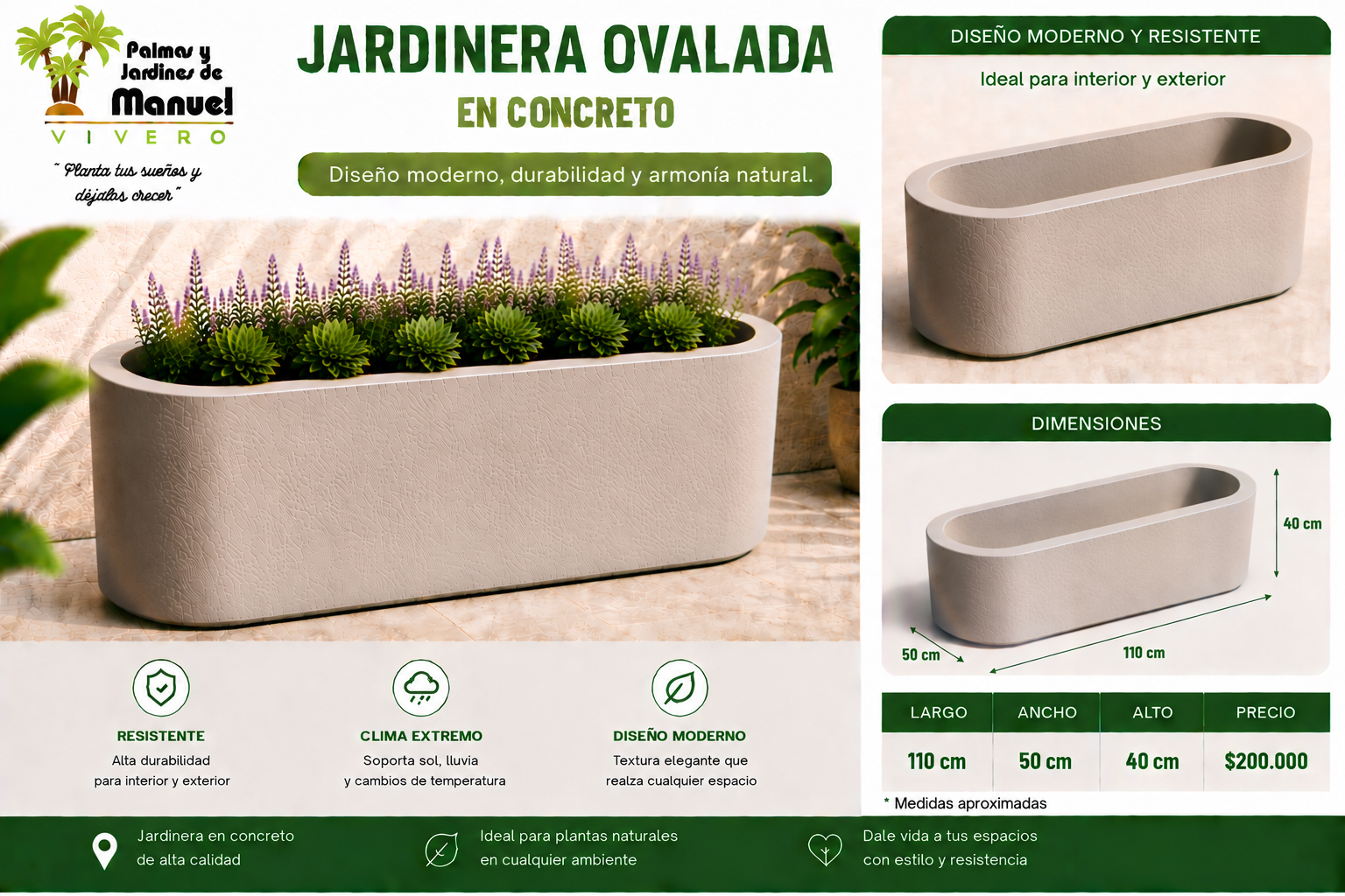 Jardinera Ovalada en Concreto 110x50x40 cm