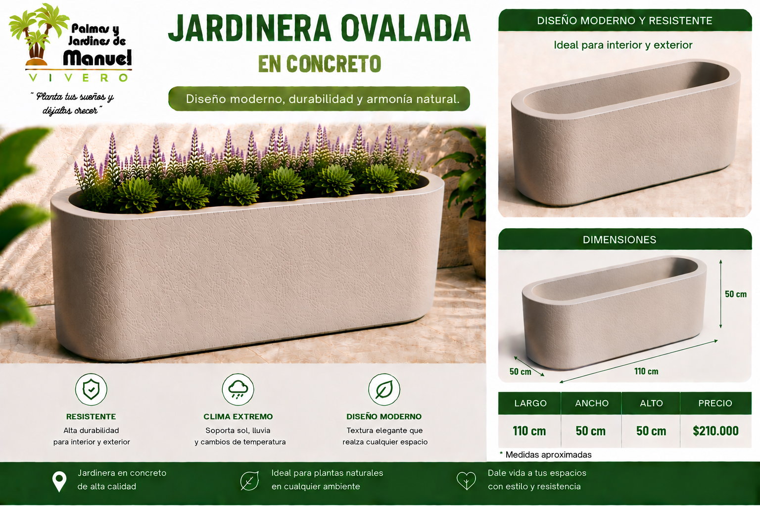 Jardinera Ovalada en Concreto 110x50x50 cm