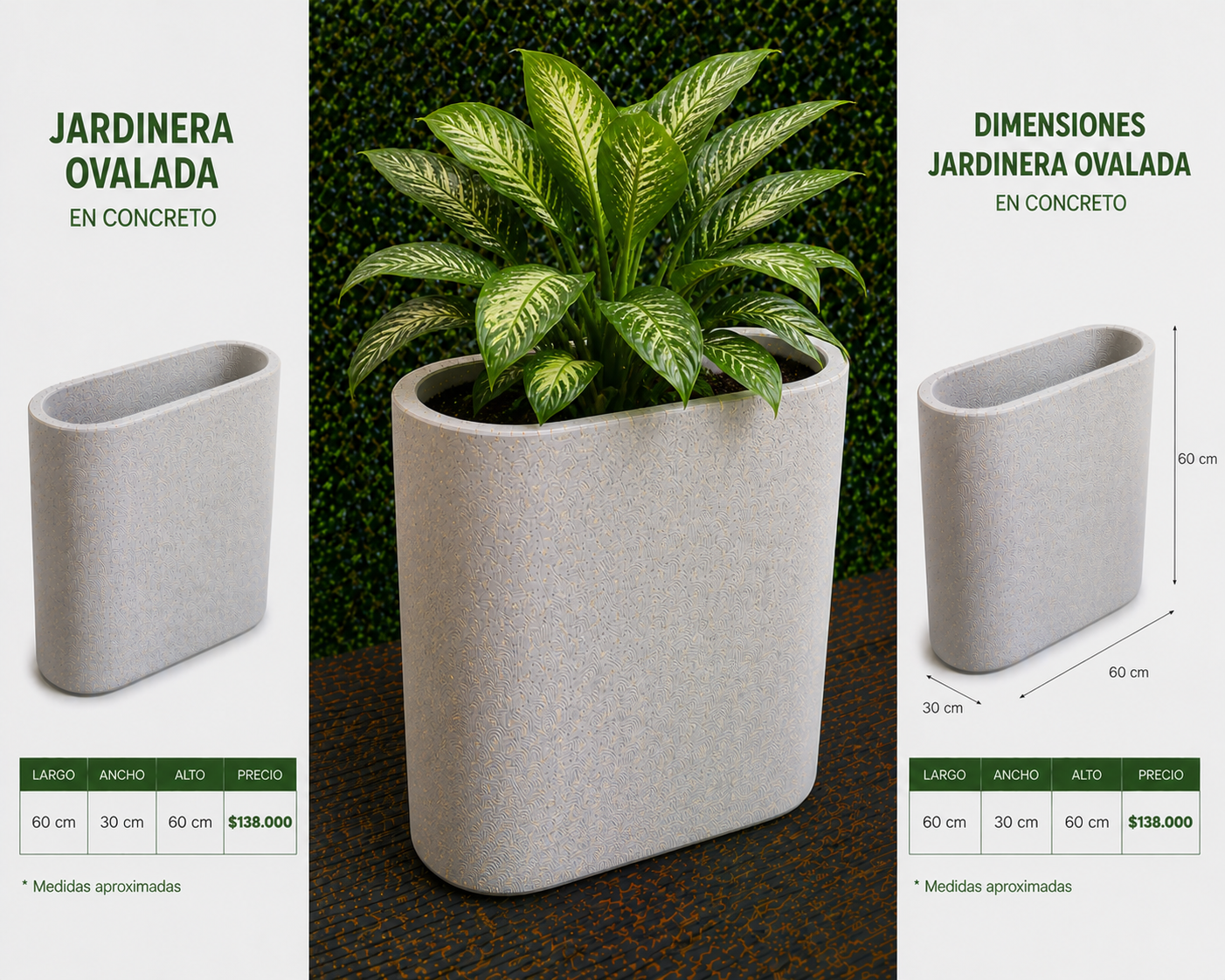 Jardinera Ovalada en Concreto 60x30x60 cm