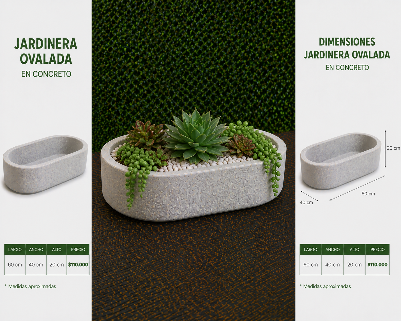 Jardinera Ovalada en Concreto 60x40x20 cm