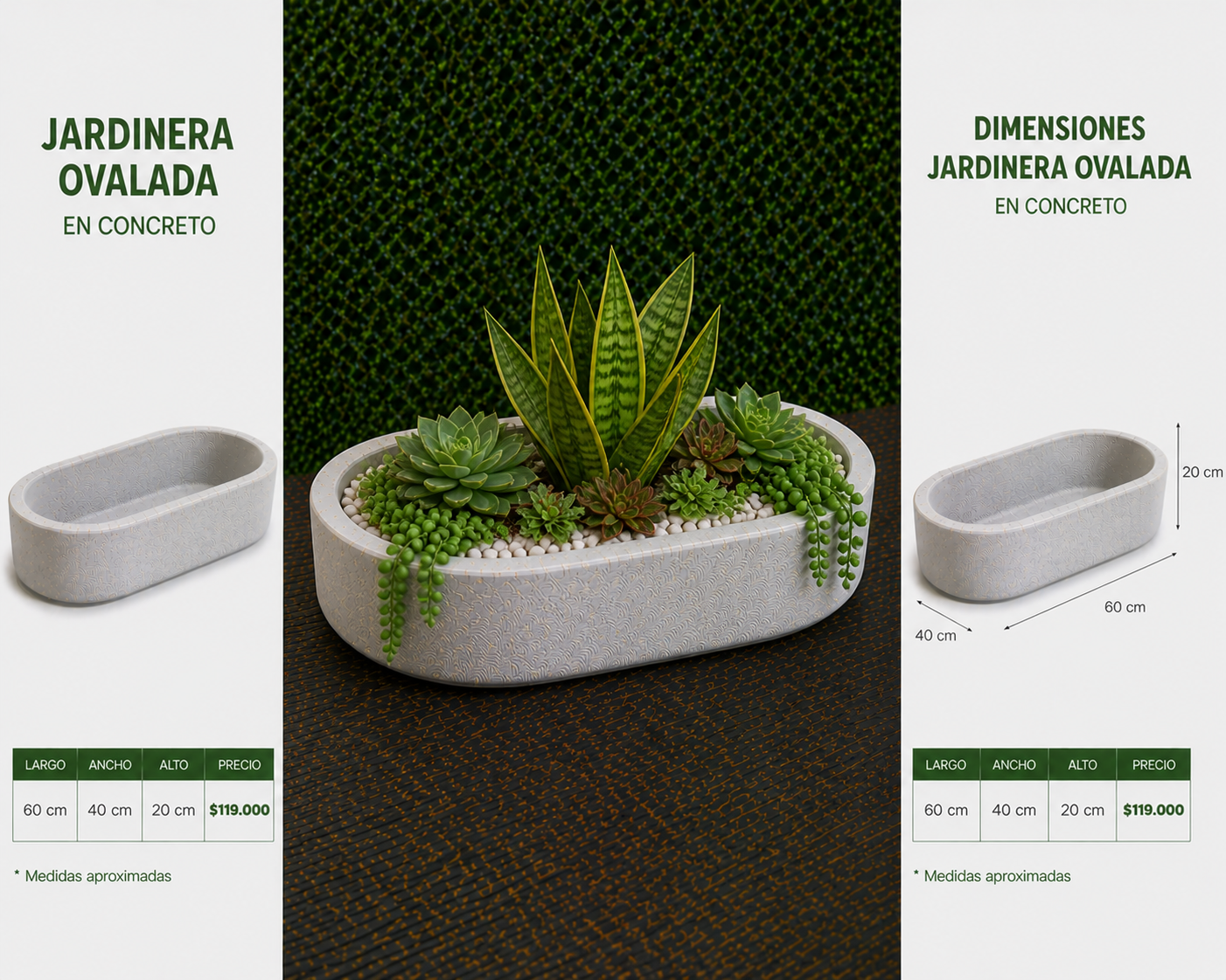 Jardinera Ovalada en Concreto 60x40x30 cm