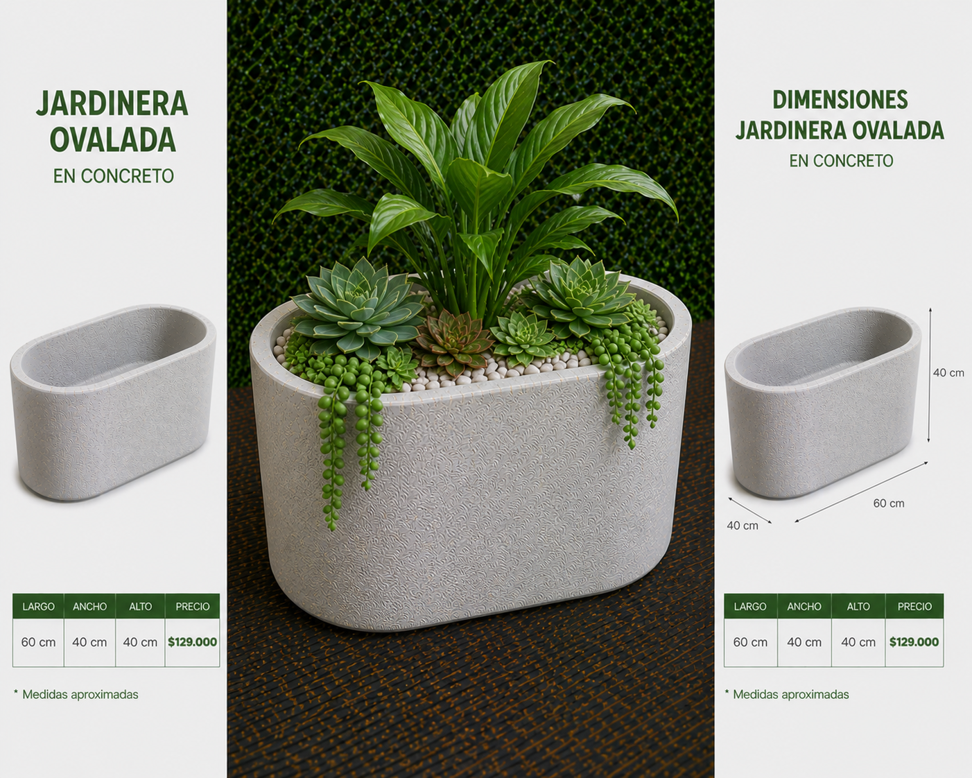 Jardinera Ovalada en Concreto 60x40x40 cm