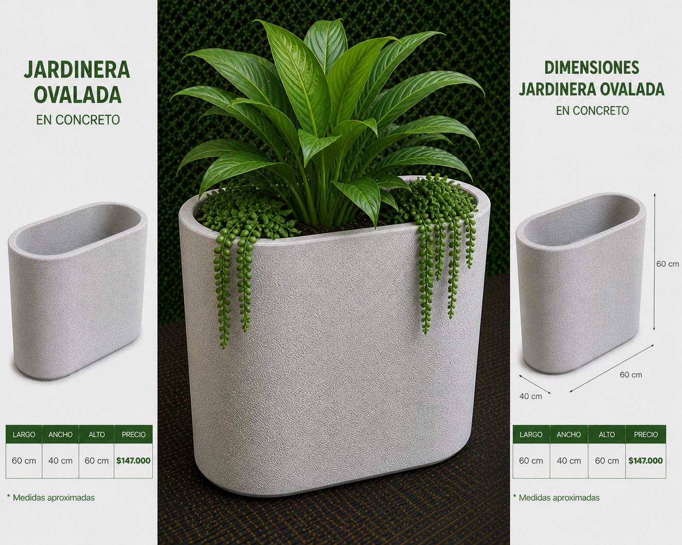 Jardinera Ovalada en Concreto 60x40x60 cm