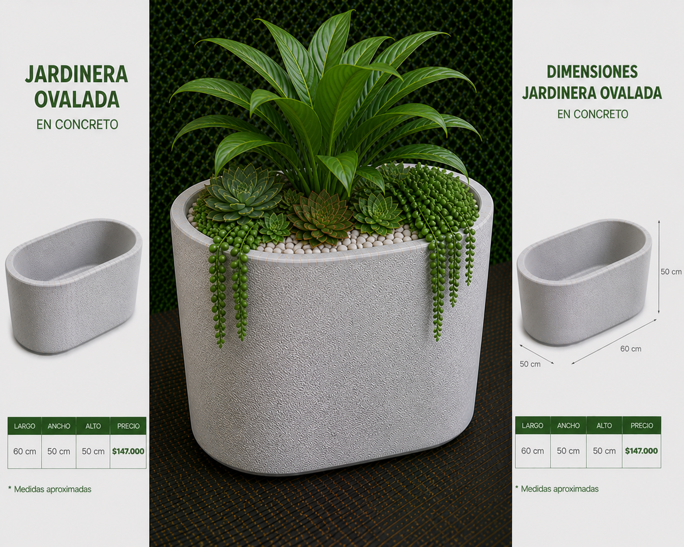Jardinera Ovalada en Concreto 60x50x50 cm
