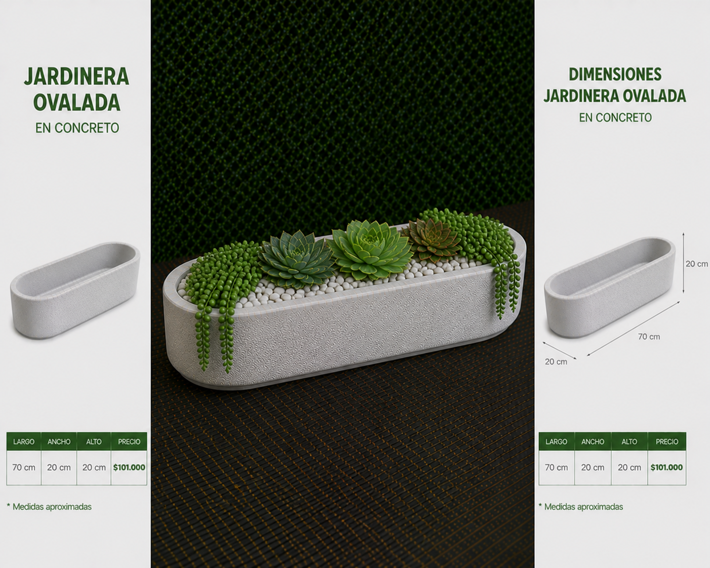 Jardinera Ovalada en Concreto 70x20x20 cm