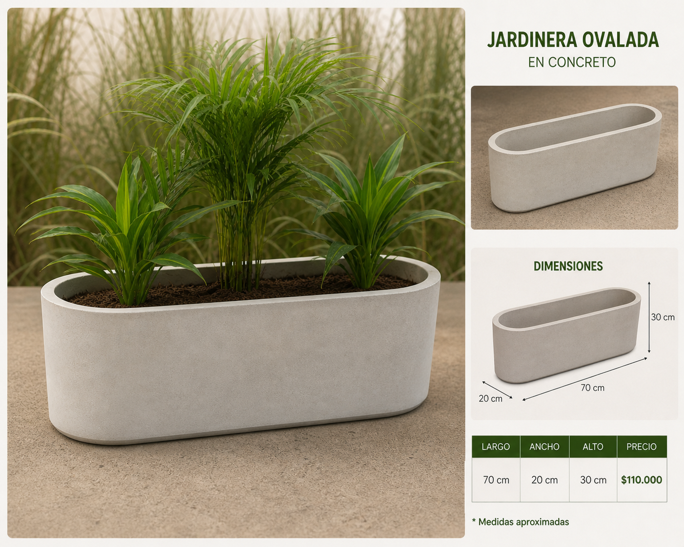Jardinera Ovalada en Concreto 70x20x30 cm