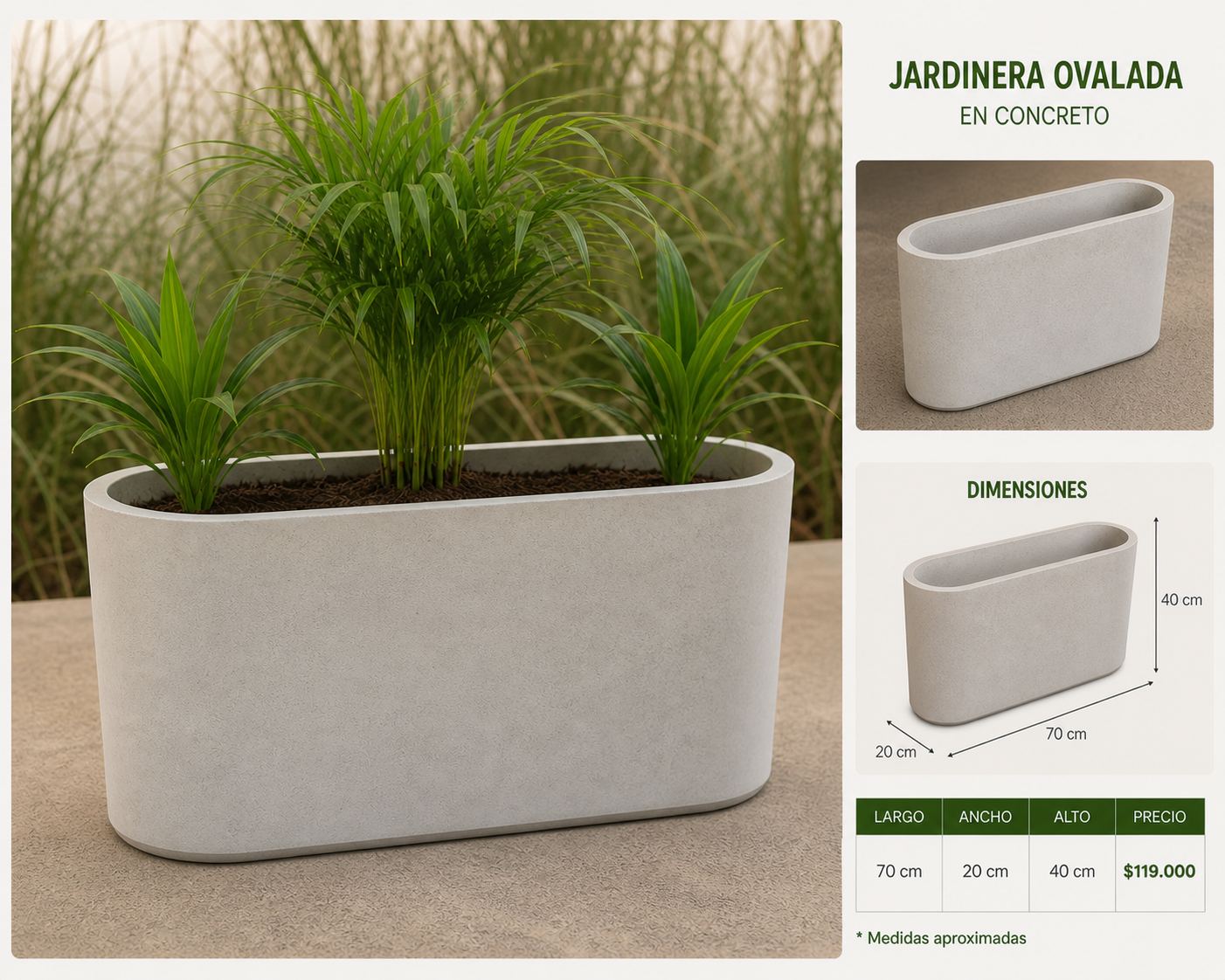 Jardinera Ovalada en Concreto 70x20x40 cm