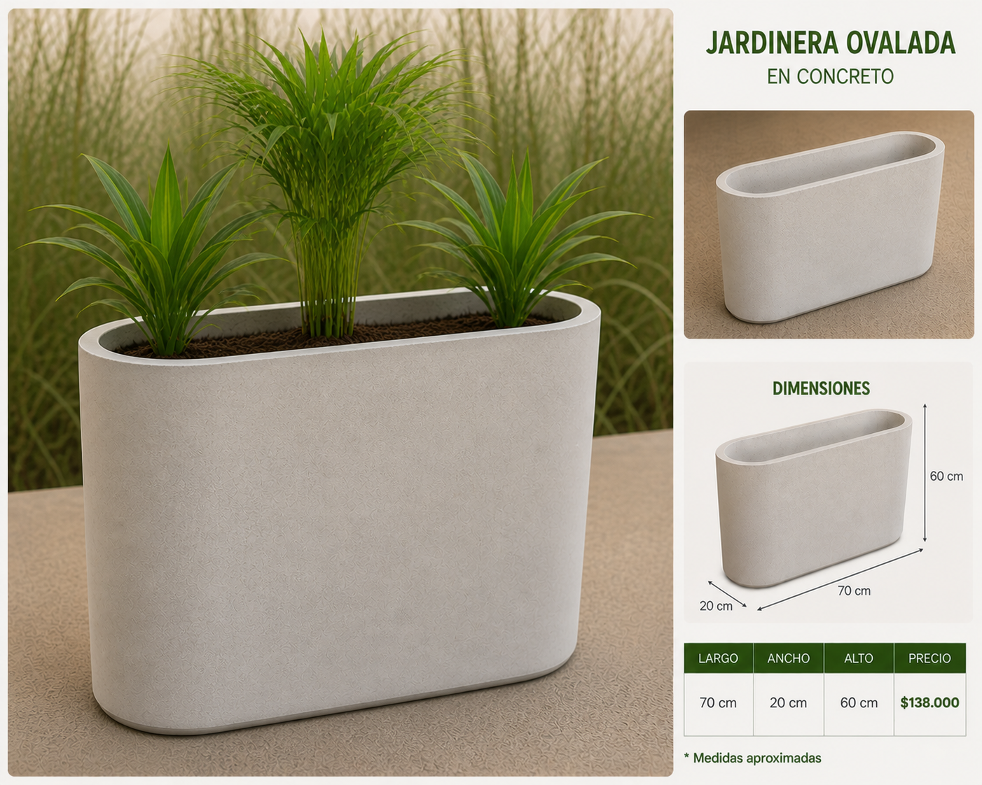 Jardinera Ovalada en Concreto 70x20x60 cm
