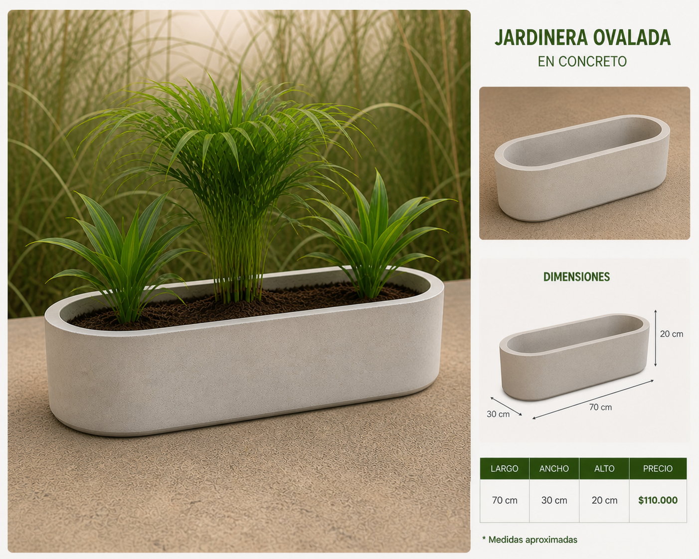 Jardinera Ovalada en Concreto 70x30x20 cm