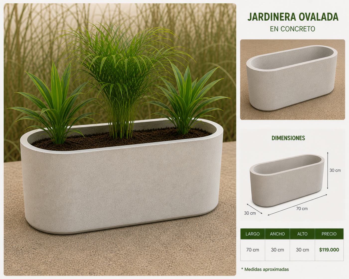 Jardinera Ovalada en Concreto 70x30x30 cm