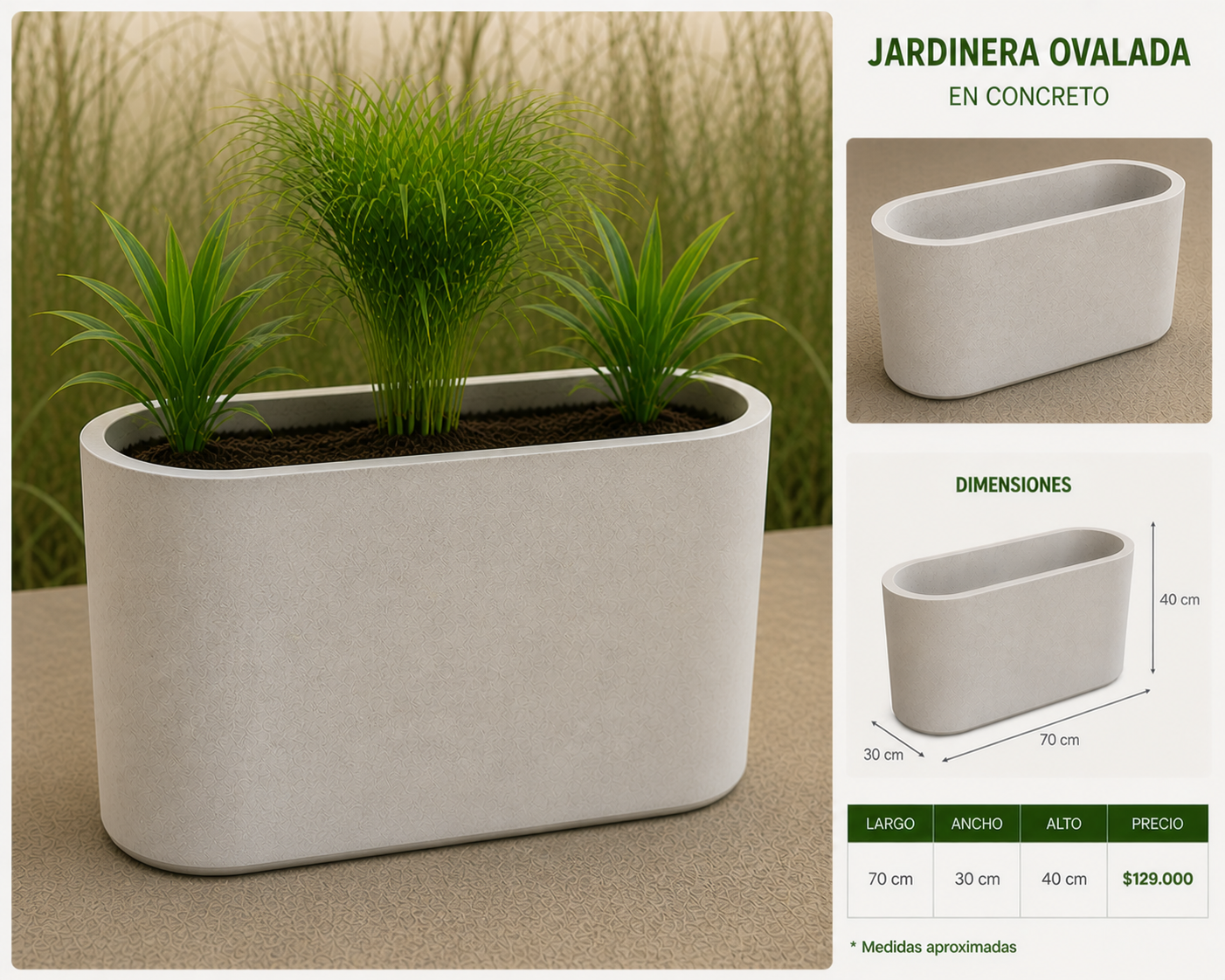 Jardinera Ovalada en Concreto 70x30x40 cm