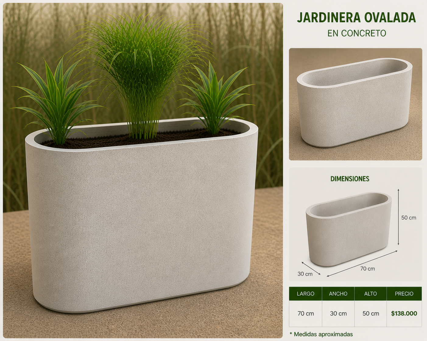 Jardinera Ovalada en Concreto 70x30x50 cm