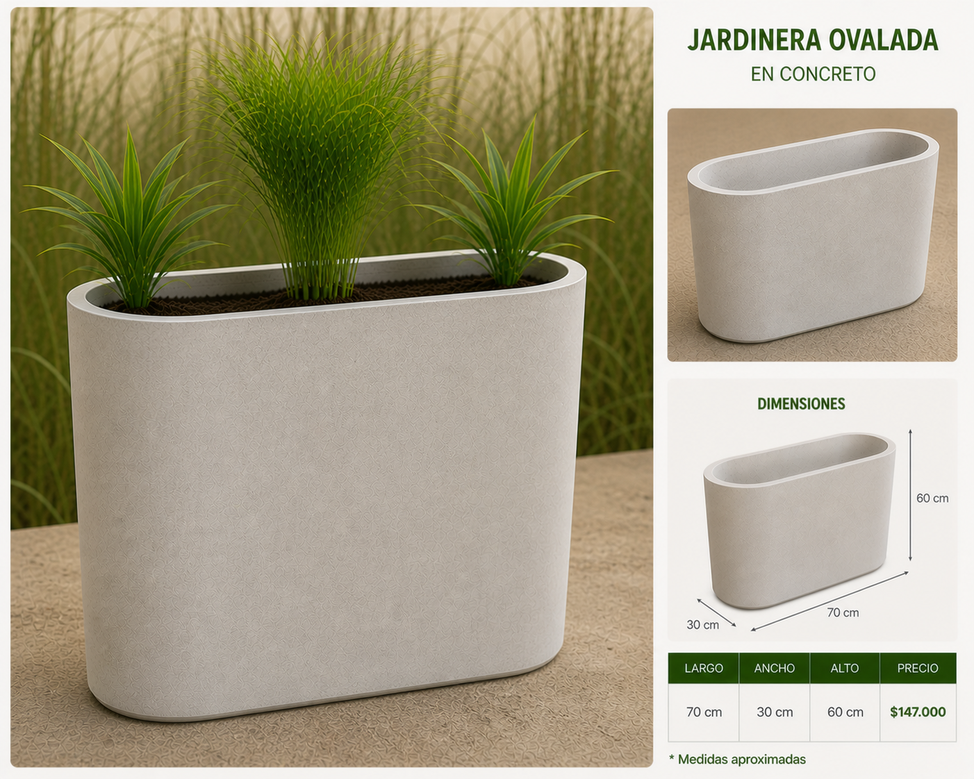 Jardinera Ovalada en Concreto 70x30x60 cm