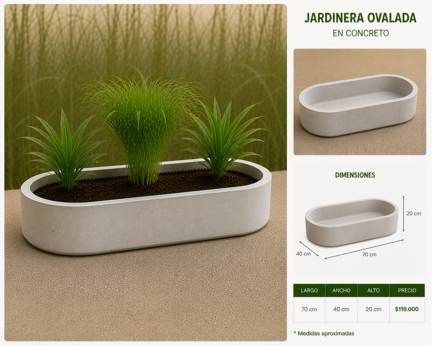 Jardinera Ovalada en Concreto 70x40x20 cm