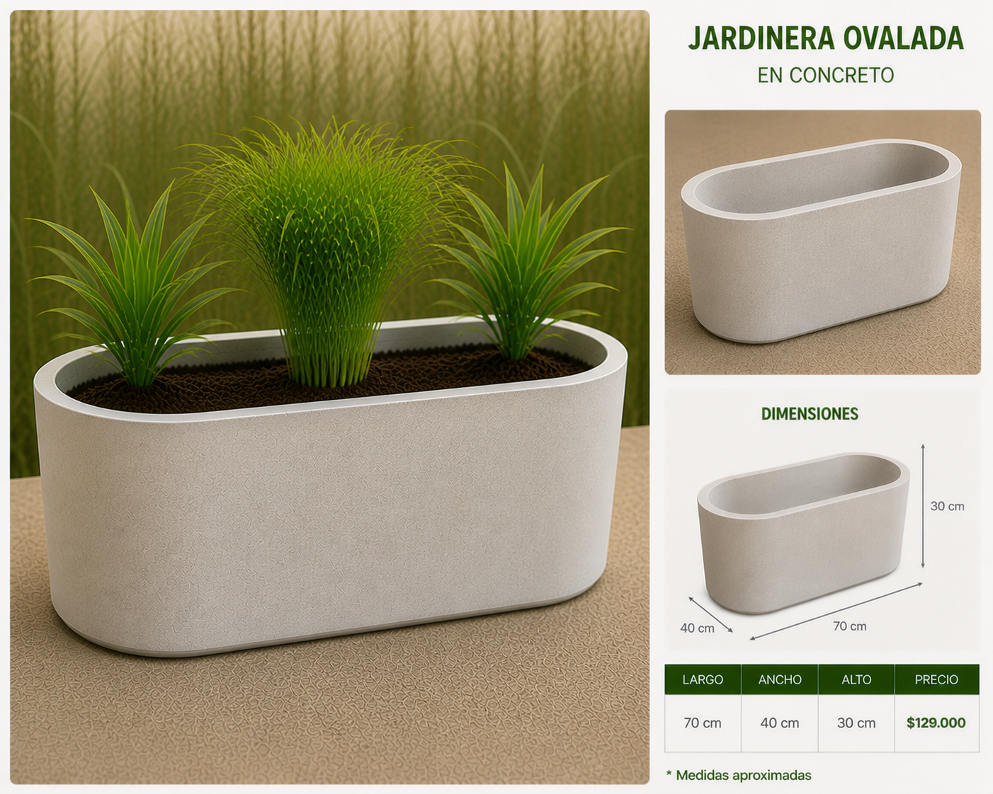 Jardinera Ovalada en Concreto 70x40x30 cm