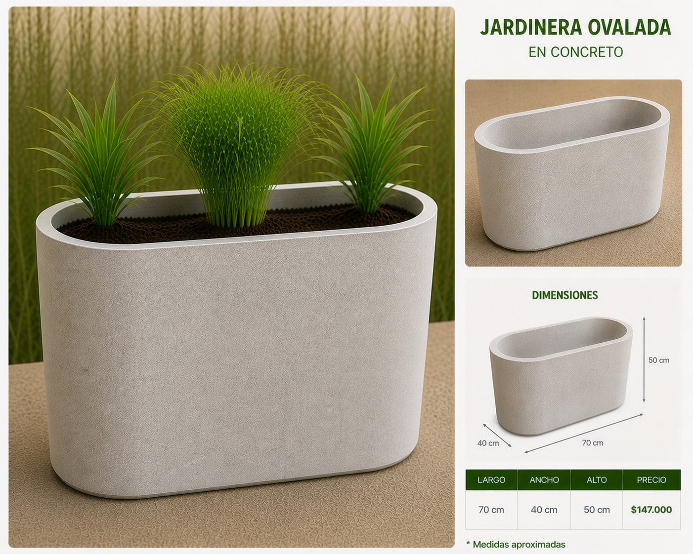 Jardinera Ovalada en Concreto 70x40x50 cm