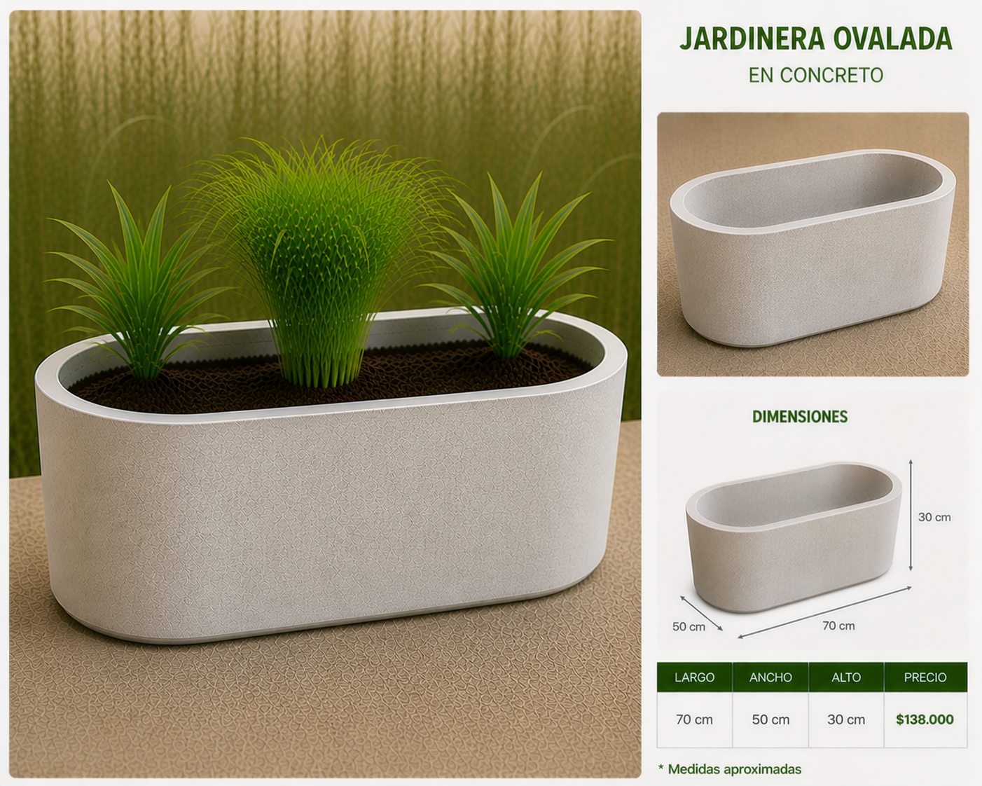Jardinera Ovalada en Concreto 70x50x30 cm