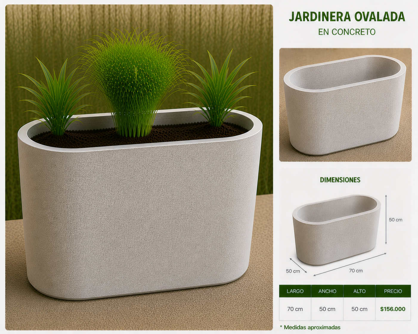 Jardinera Ovalada en Concreto 70x50x50 cm