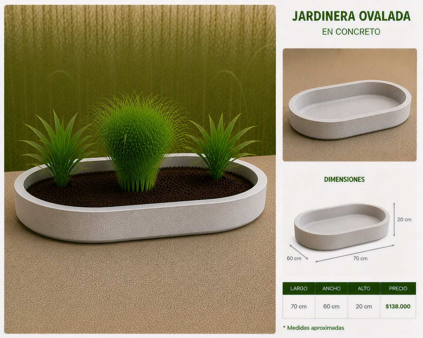 Jardinera Ovalada en Concreto 70x60x20 cm