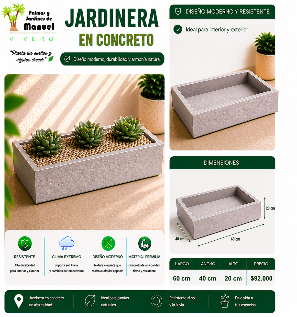 Jardinera en Concreto 60x40x20 cm