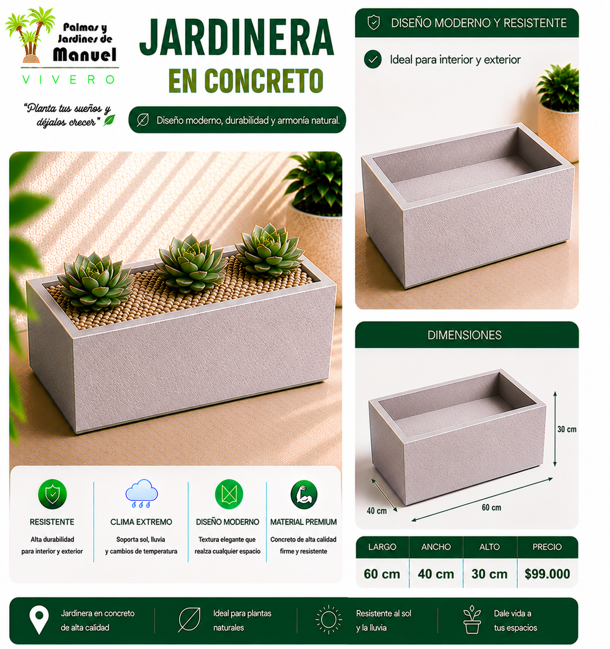 Jardinera en Concreto 60x40x30 cm