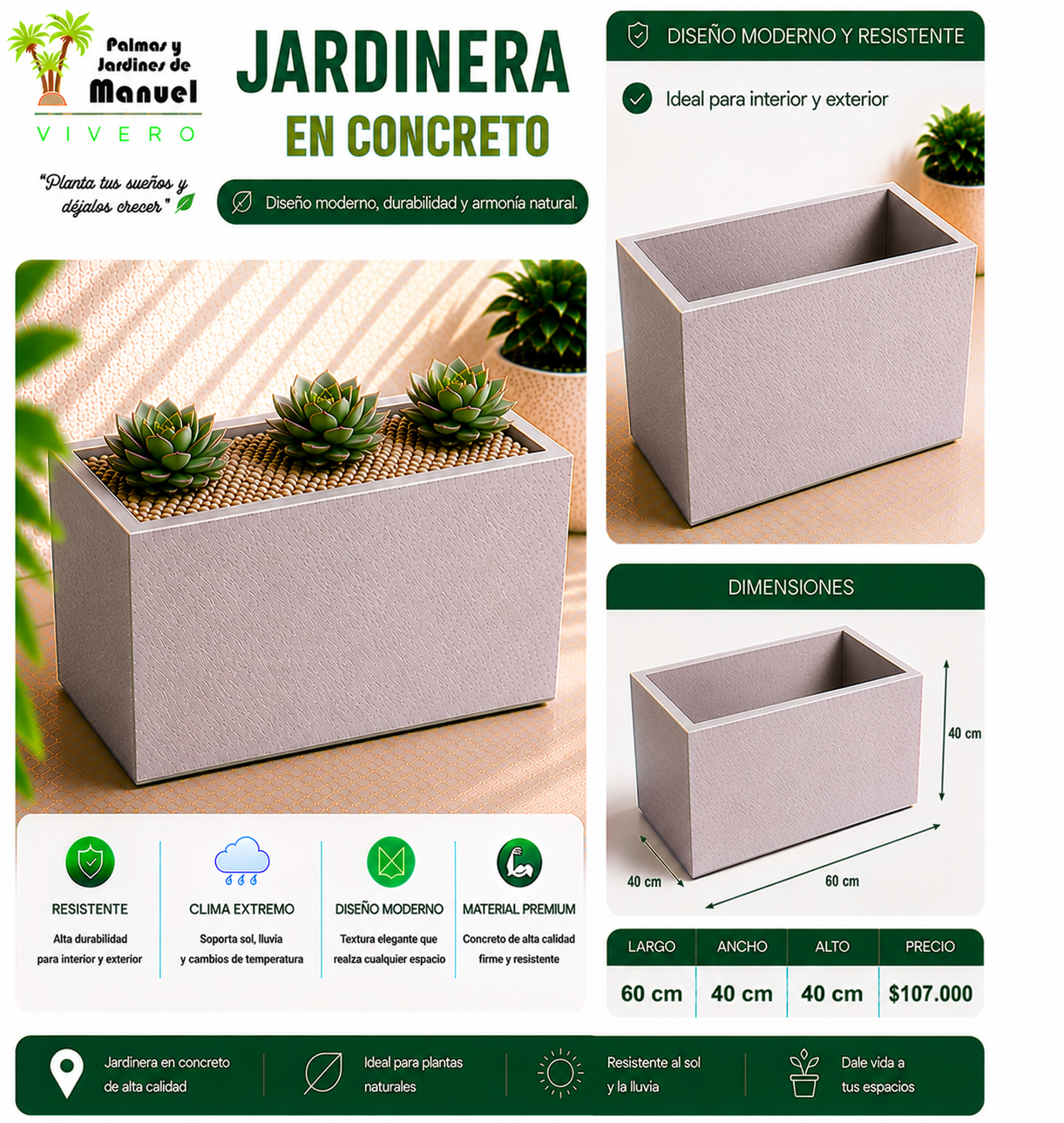 Jardinera en Concreto 60x40x40 cm