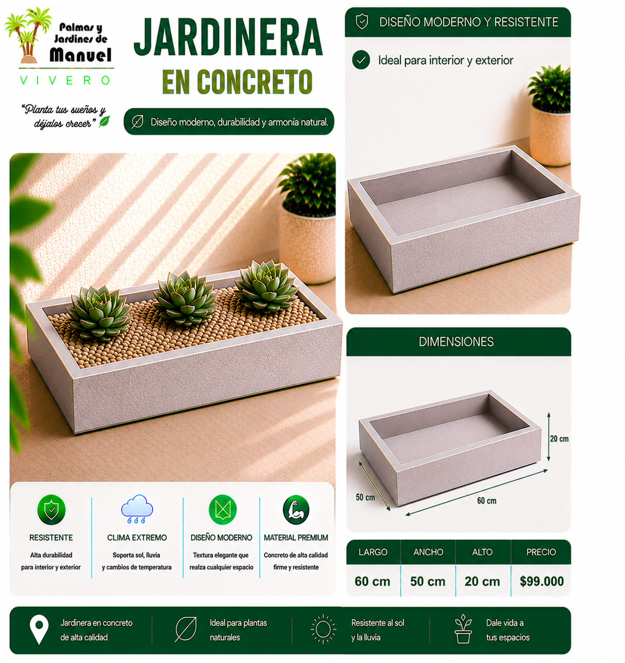 Jardinera en Concreto 60x50x20 cm