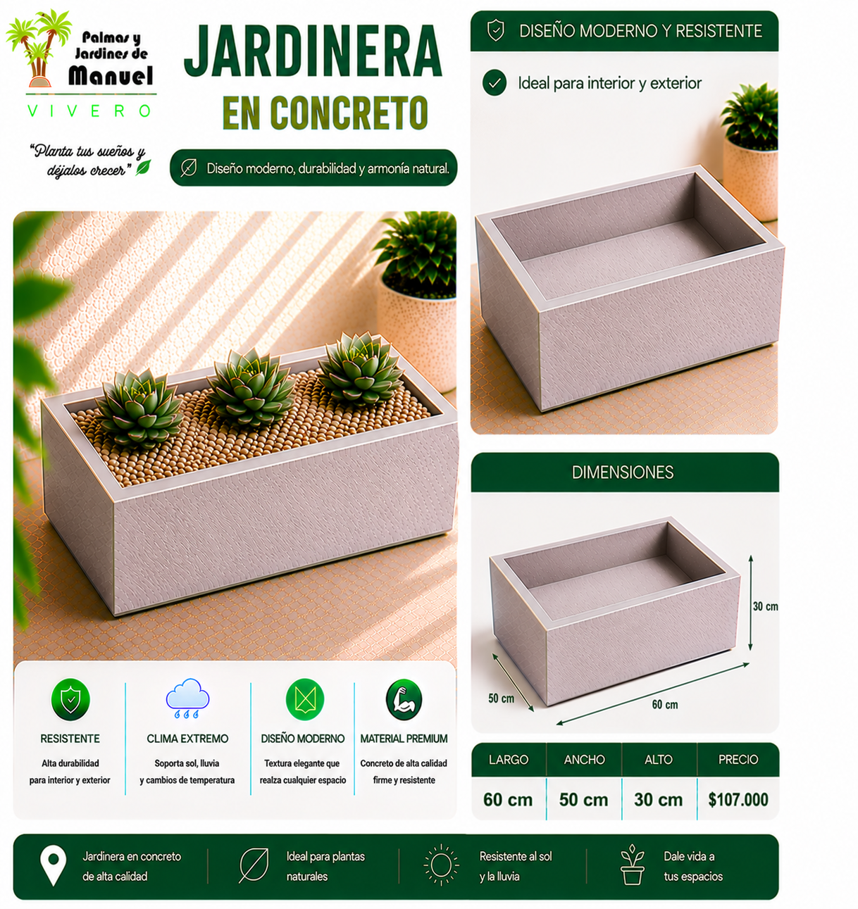 Jardinera en Concreto 60x50x30 cm