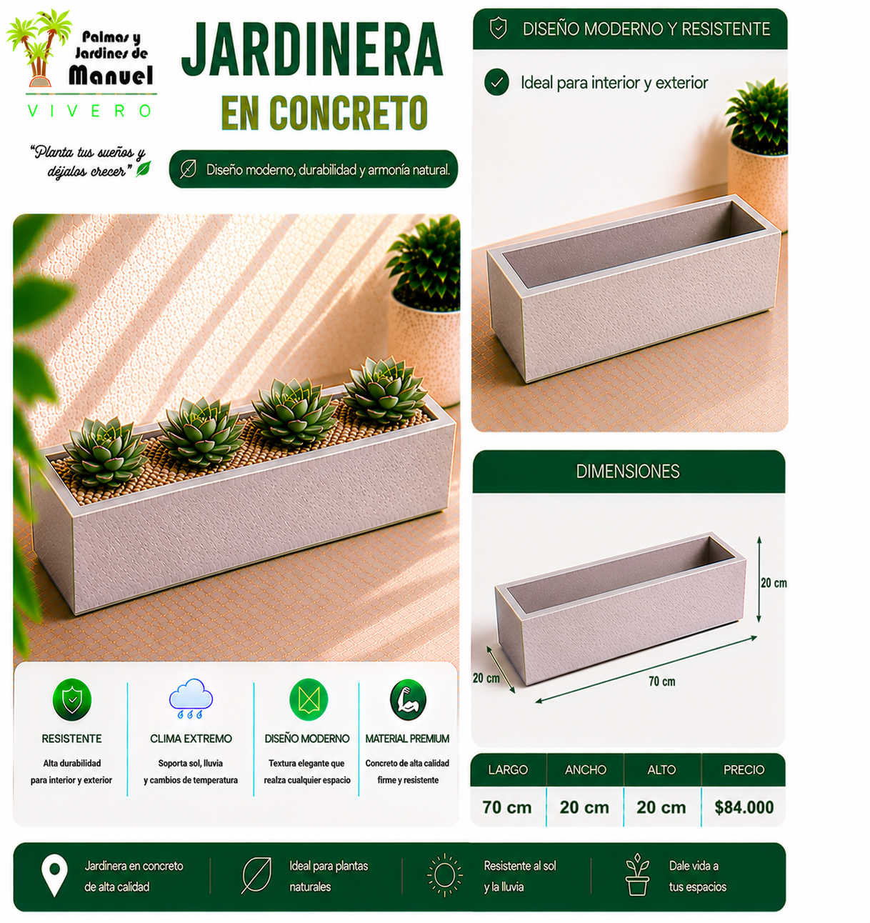 Jardinera en Concreto 70x20x20 cm
