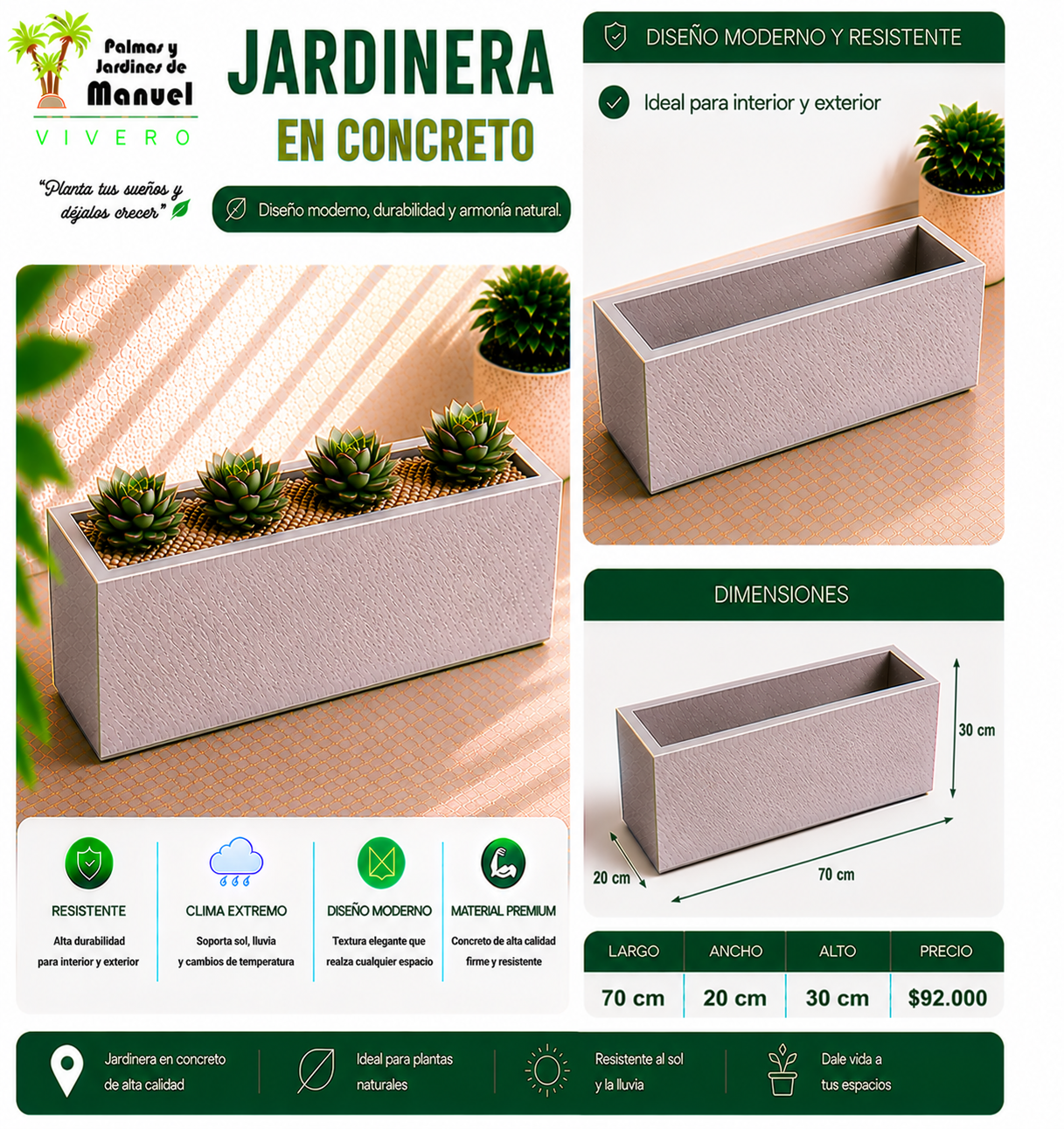 Jardinera en Concreto 70x20x30 cm