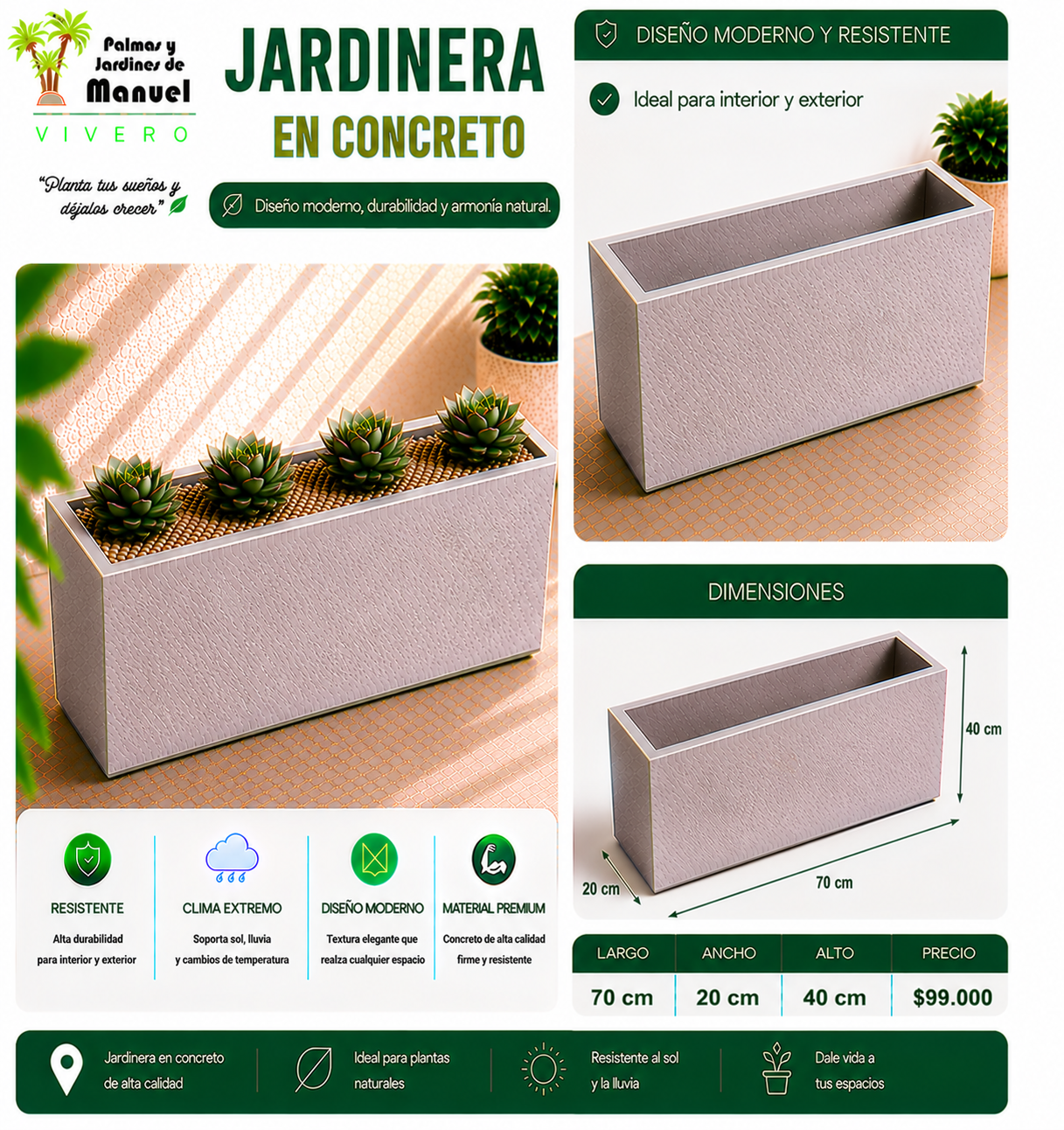 Jardinera en Concreto 70x20x40 cm