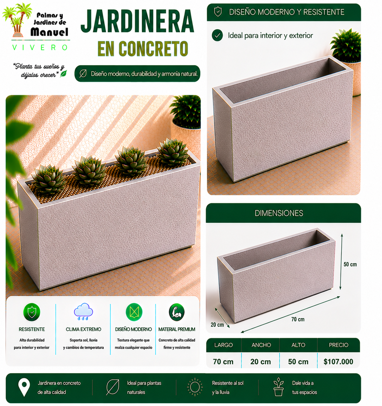 Jardinera en Concreto 70x20x50 cm