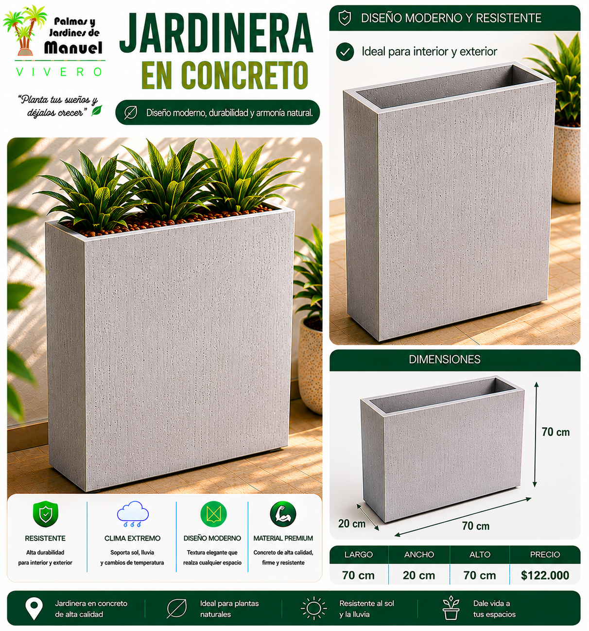 Jardinera en Concreto 70x20x70 cm