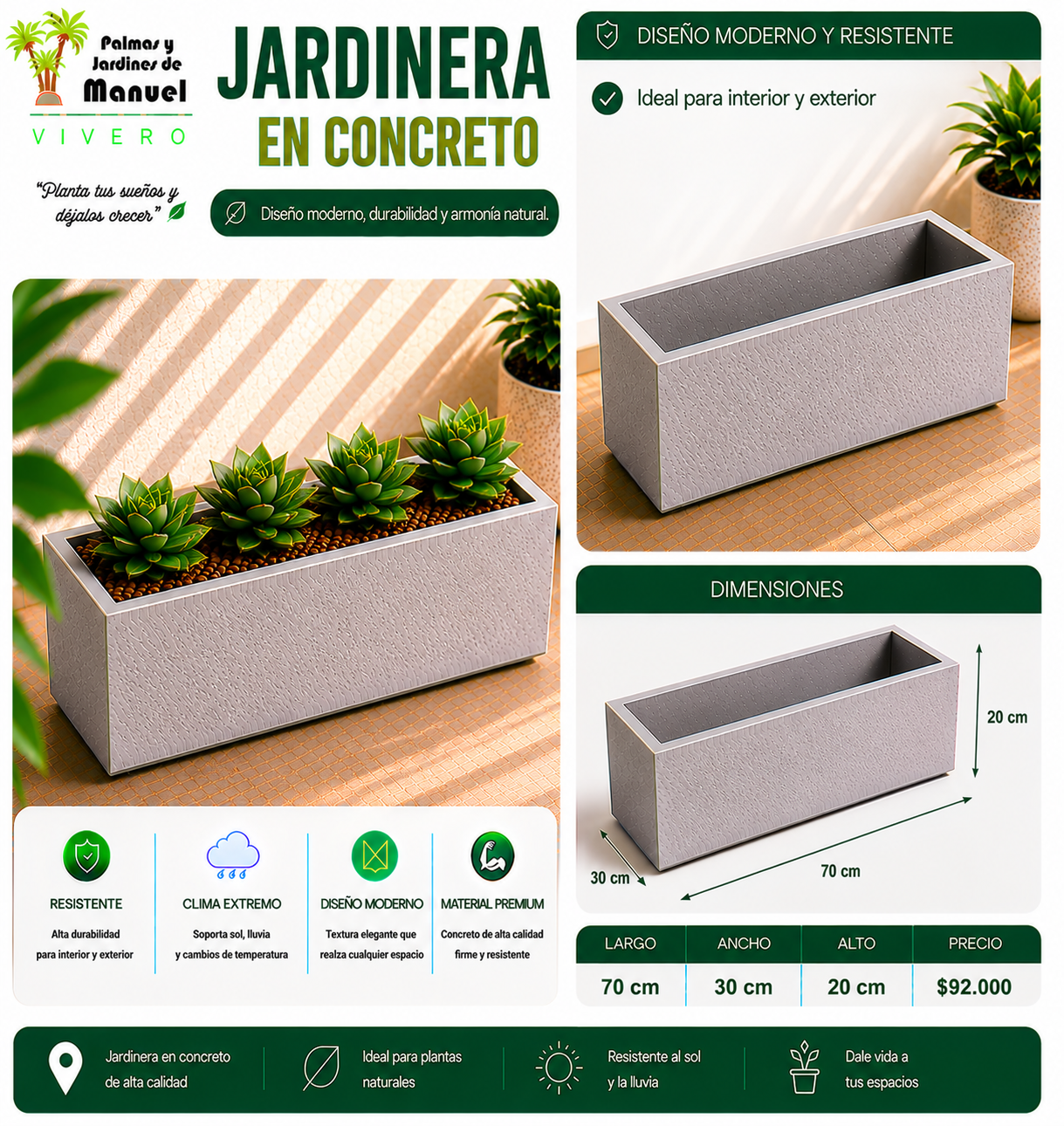Jardinera en Concreto 70x30x20 cm