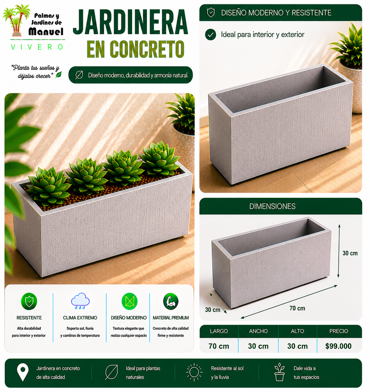 Jardinera en Concreto 70x30x30 cm