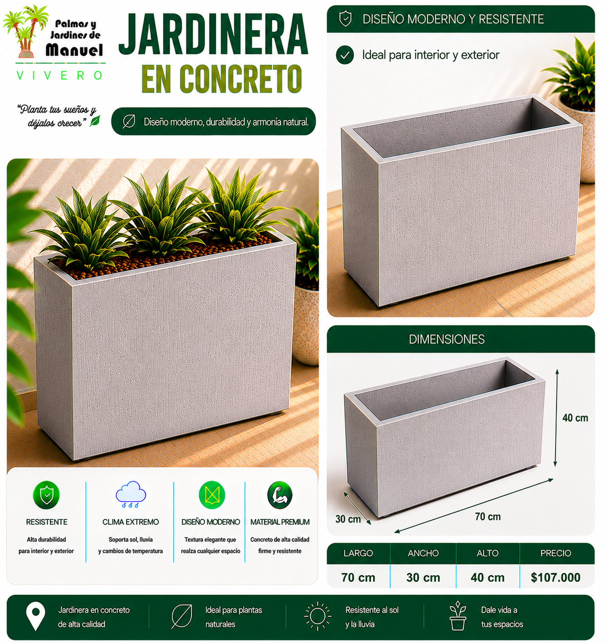 Jardinera en Concreto 70x30x40 cm