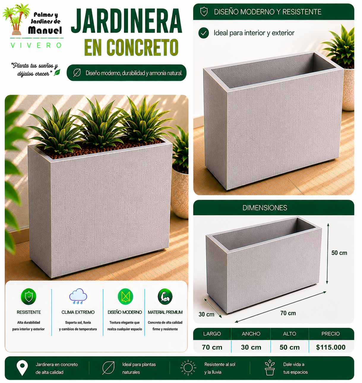 Jardinera en Concreto 70x30x50 cm