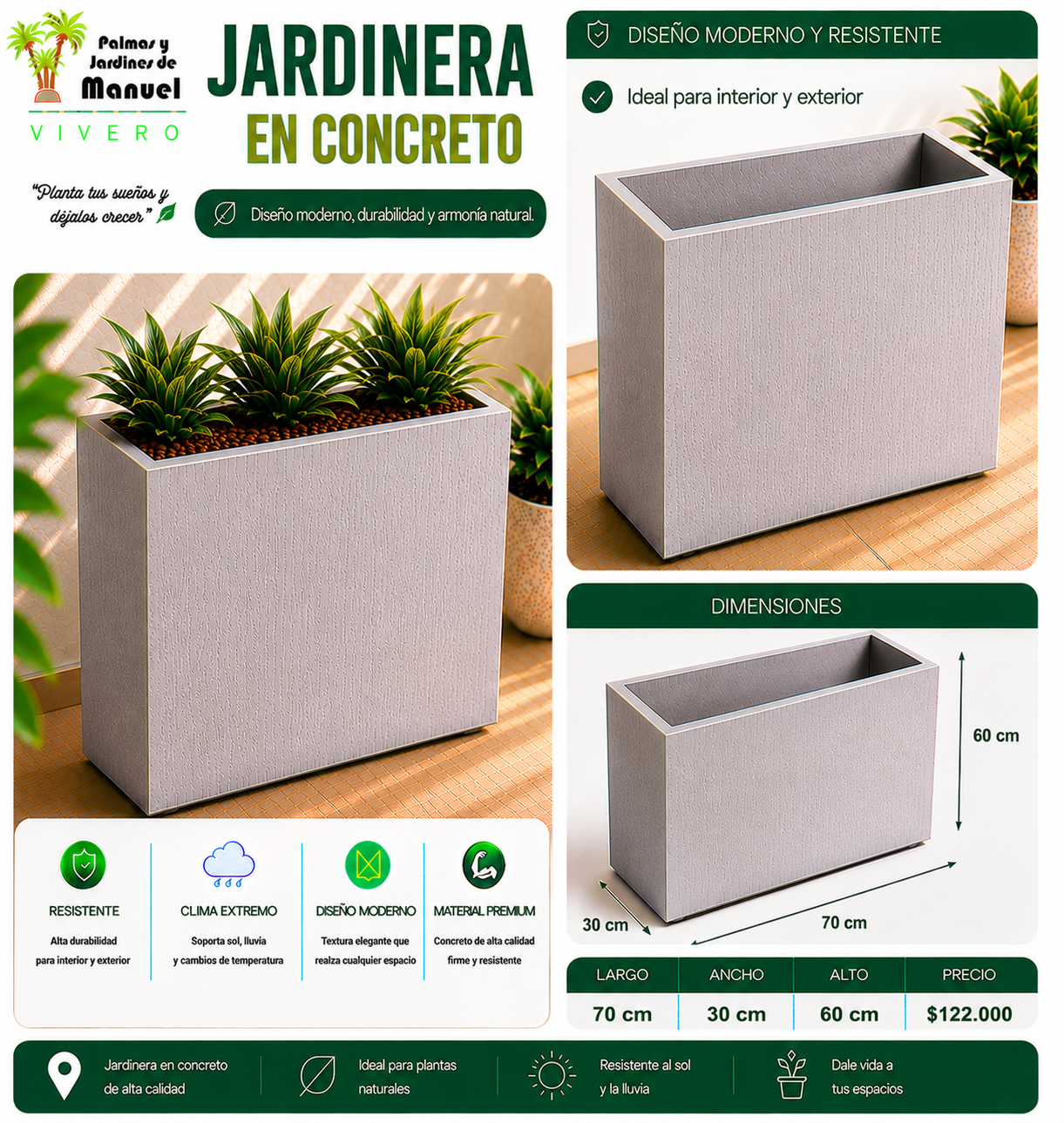 Jardinera en Concreto 70x30x60 cm