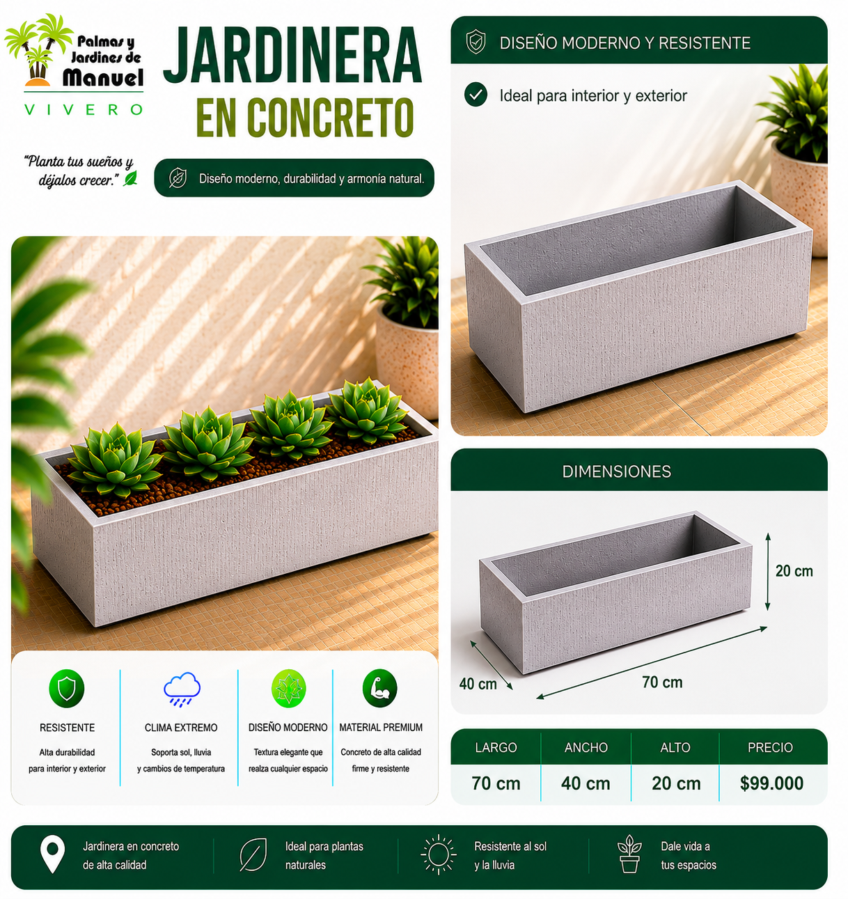 Jardinera en Concreto 70x40x20 cm